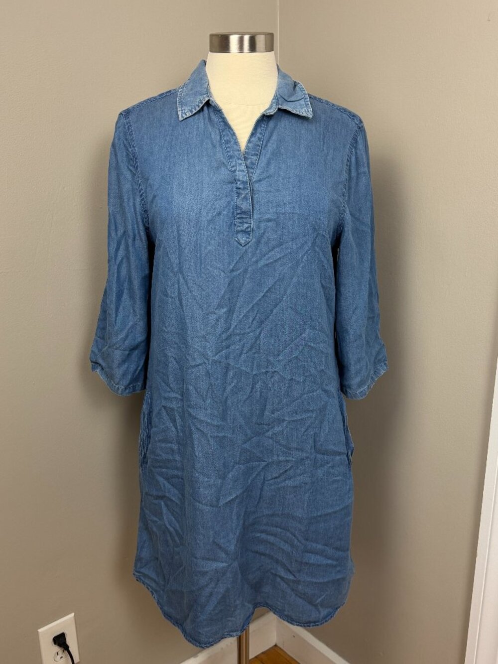 beach lunch lounge chambray dress Medium Denim Shirt Tunic 3/4 Sleeve Blue M Color:dark blue This structured woven cotton easy to wear Long Cool Woman In